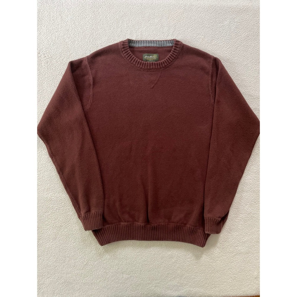 Eddie Bauer Mens Large Sweater Maroon‎ Cotton Crewneck Pullover Solid Knit Y2k